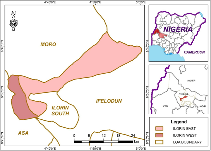 Map showing the ethnobotanical survey areas; Ilorin East and Ilorin West Local Government Area of Kwara State, Nigeria